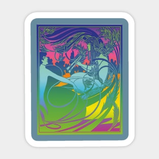 Flute Lady (blue on rainbow) Sticker